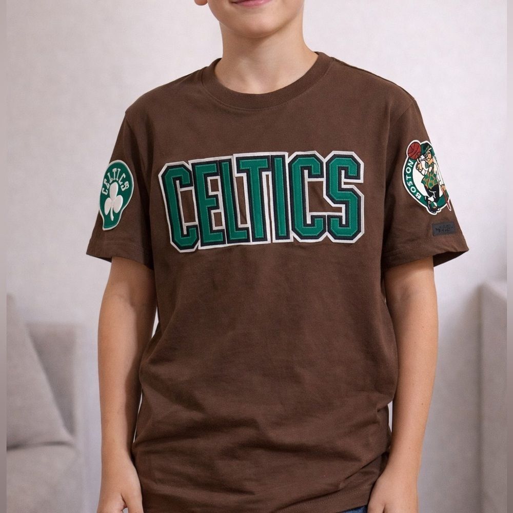 Brown Celtics T-Shirt with Logo Patches Youth